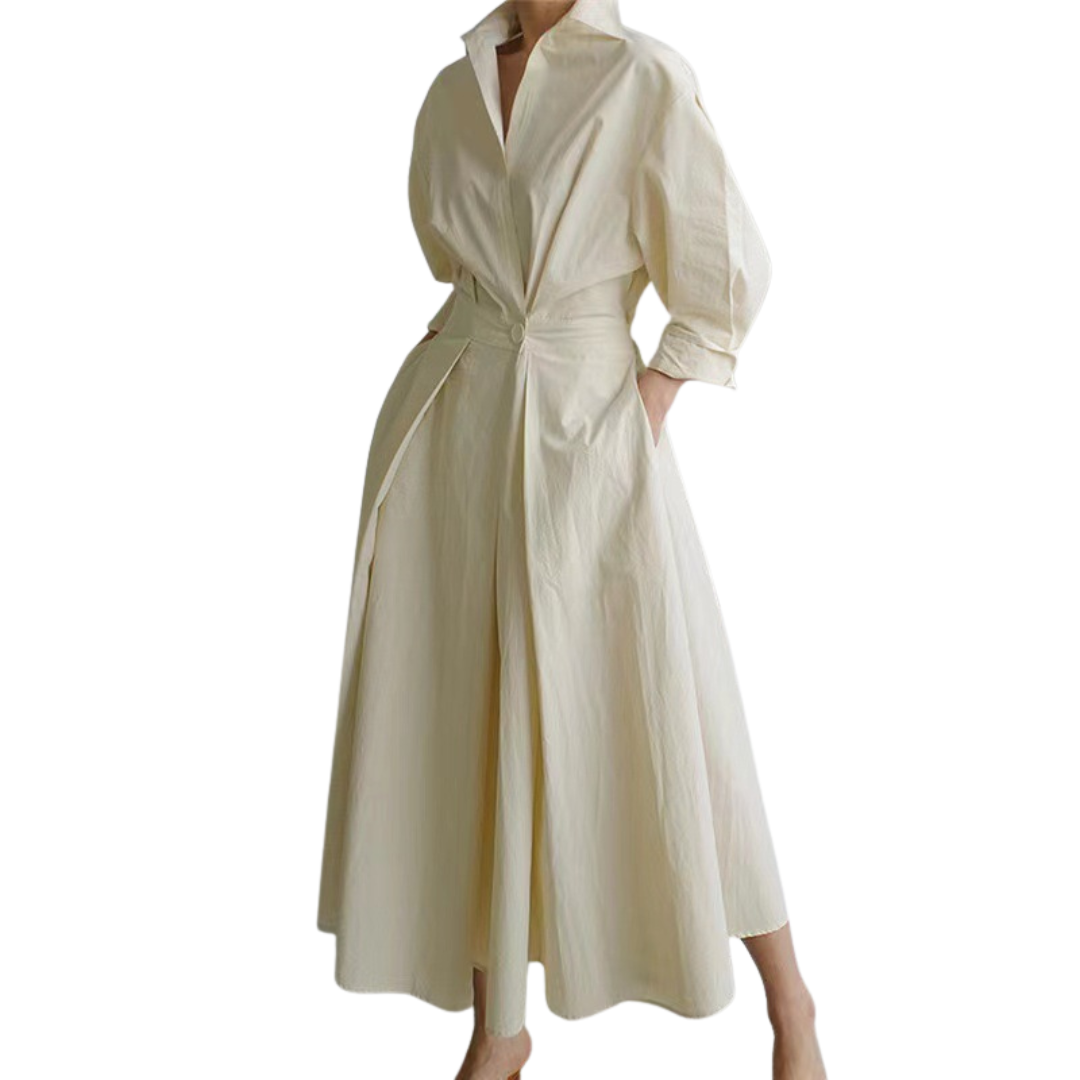 Collared Button Front Twist Waist Puff Sleeve A-Line Maxi Dress