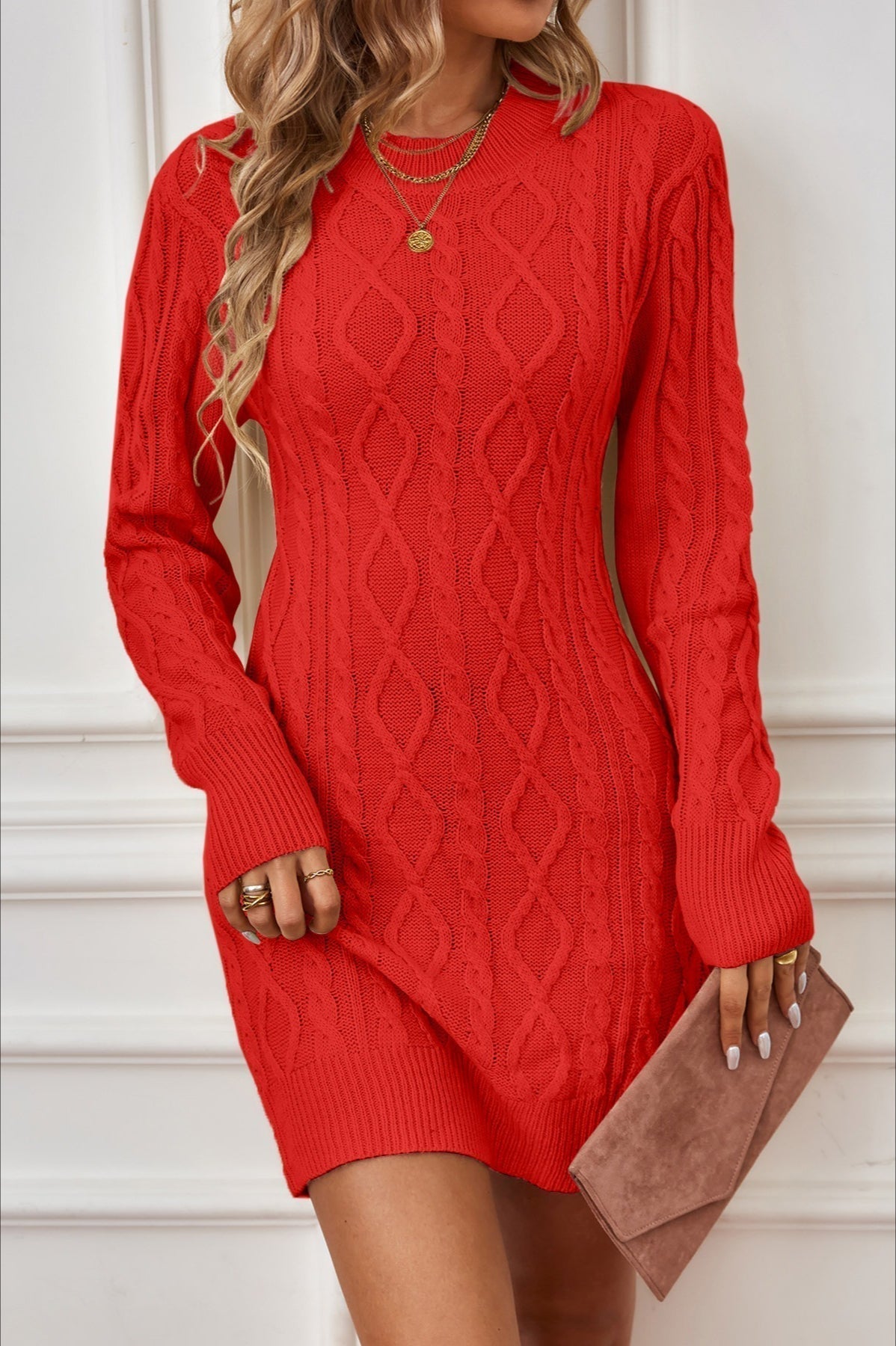 Mock Neck Cable Knit Cut Out Back Top and Mini Skirt Two Piece Set 5