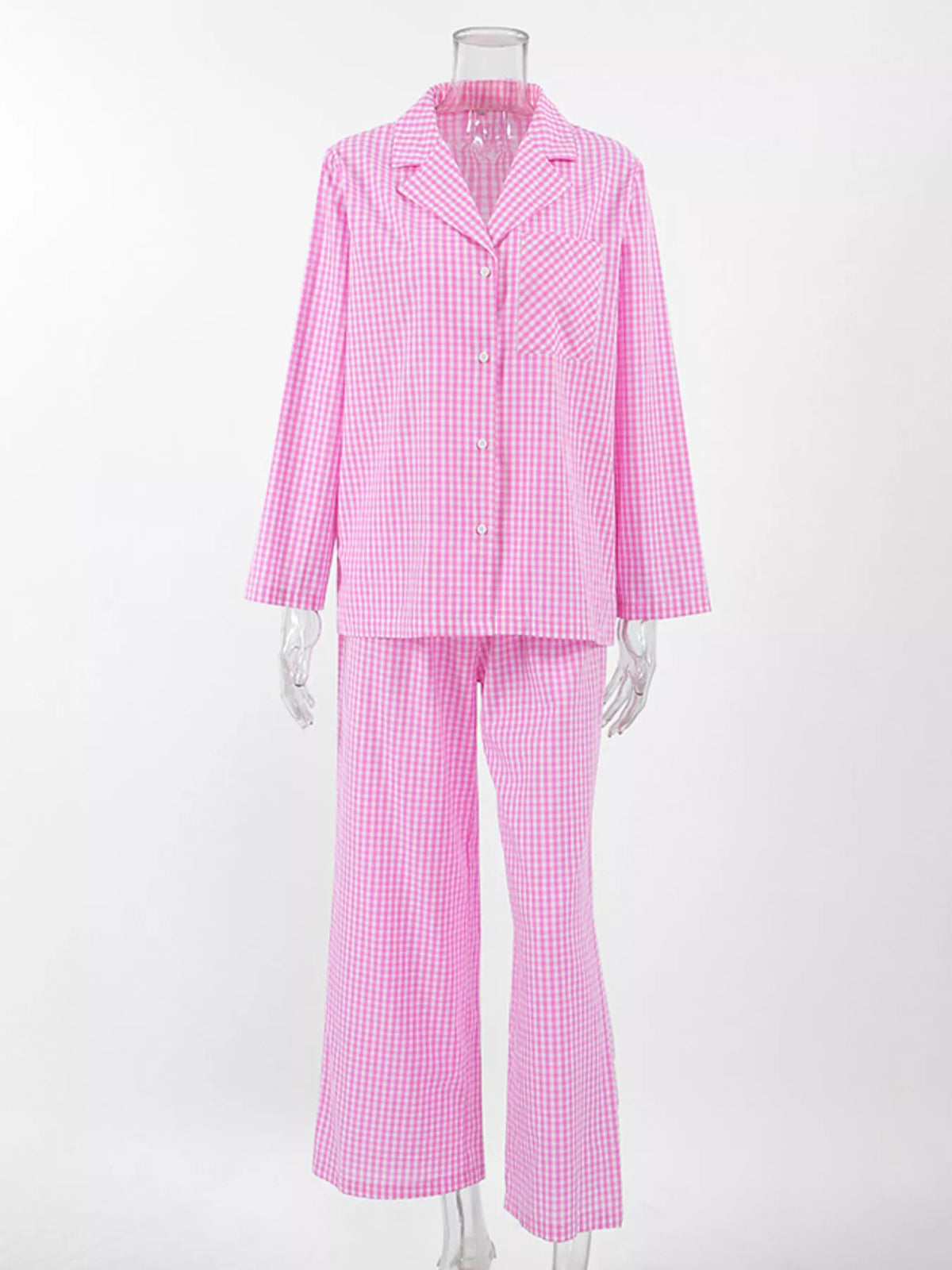 Gingham Button-Down Top and Pants Loungewear Set