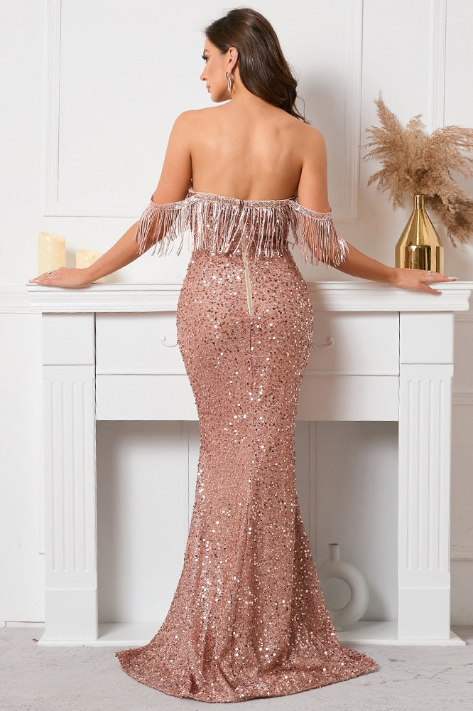 Boat Neck Bandeau Sequin Fringe Mermaid Maxi Sequin Dress - View 4