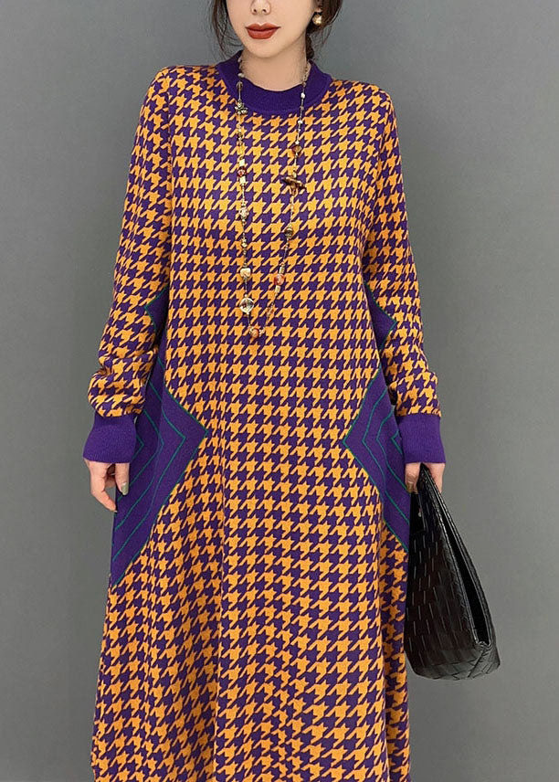 Houndstooth Mock Neck Long Sleeve Side Panel Knit Midi Dress - View 5