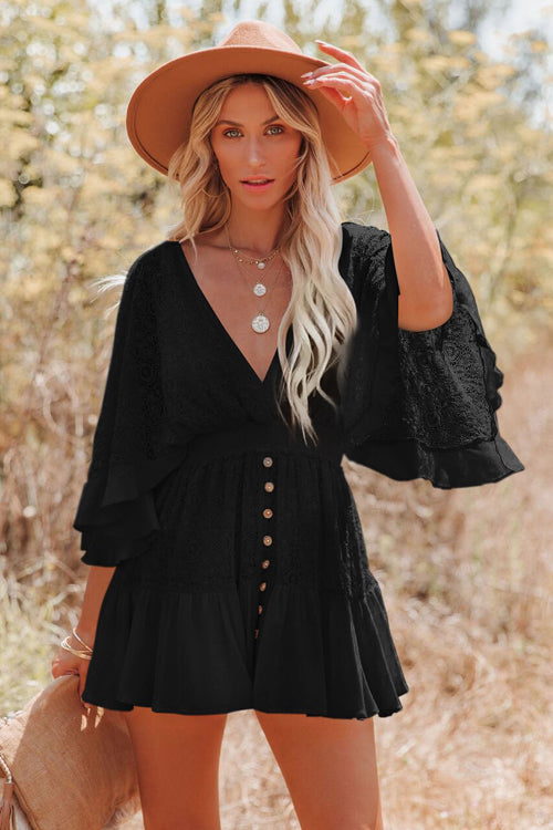 Floral Lace V-Neck Flutter Sleeve Button Front Tiered Mini Dress 3