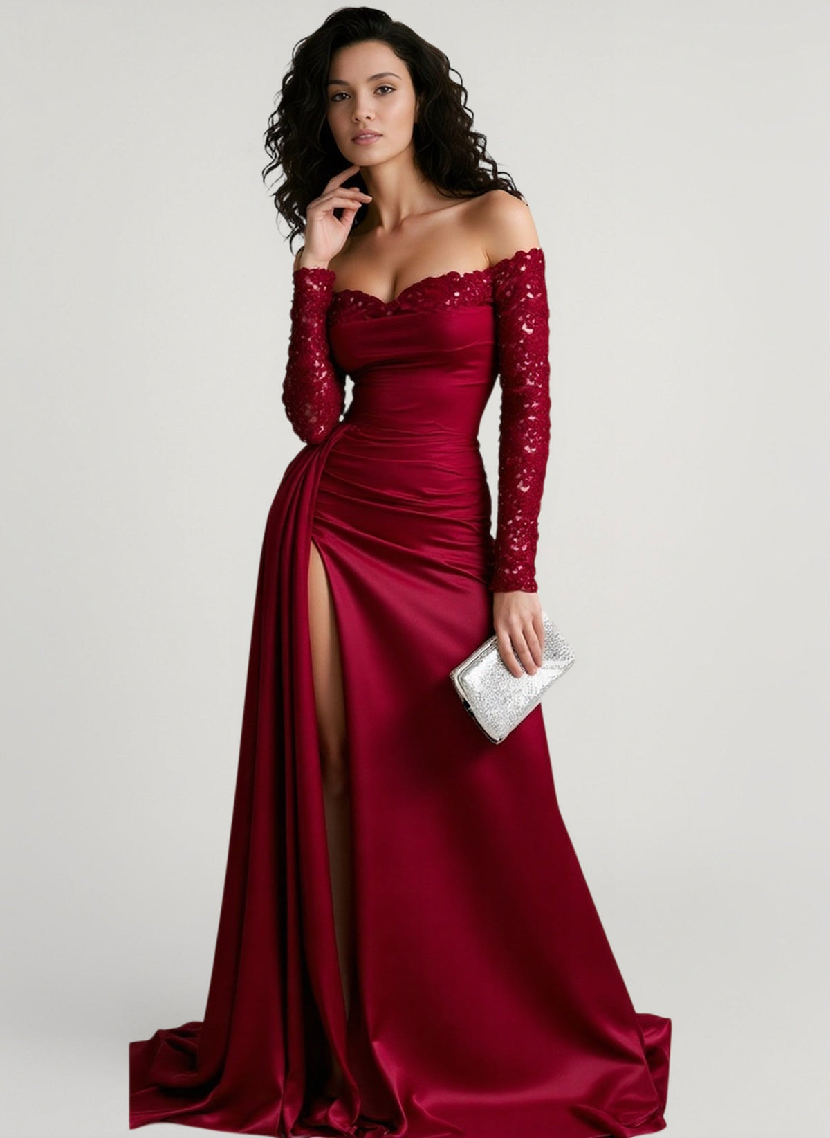 Off Shoulder Long Sleeve Beaded Sleeve Satin A-Line Gown 5