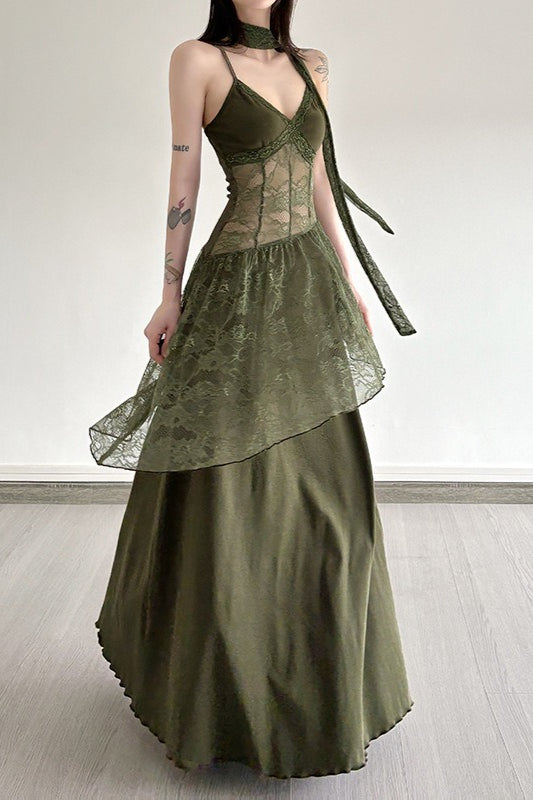 Lace Trim Sheer Waist Tie Cami Maxi Lace Dress in Green - View 3
