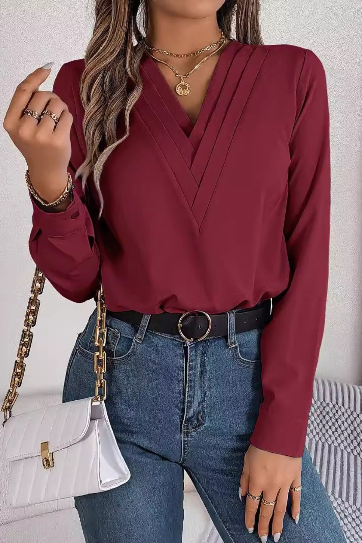 Layered V Neck Elegant Long Sleeve Blouse