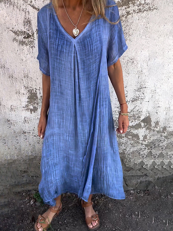 Deep V-Neck Short Sleeve Crinkled Pleat Front Relaxed Maxi Dress