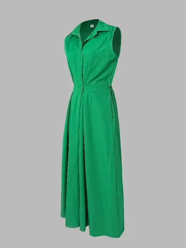 Stand Collar Deep V-Neck Sleeveless Pocket A-Line Midi Dress - View 14