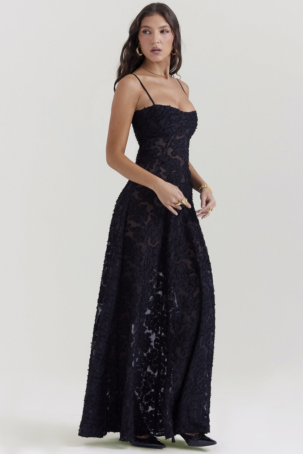 Lace Spaghetti Strap Corset Flowy Maxi Dress - View 3