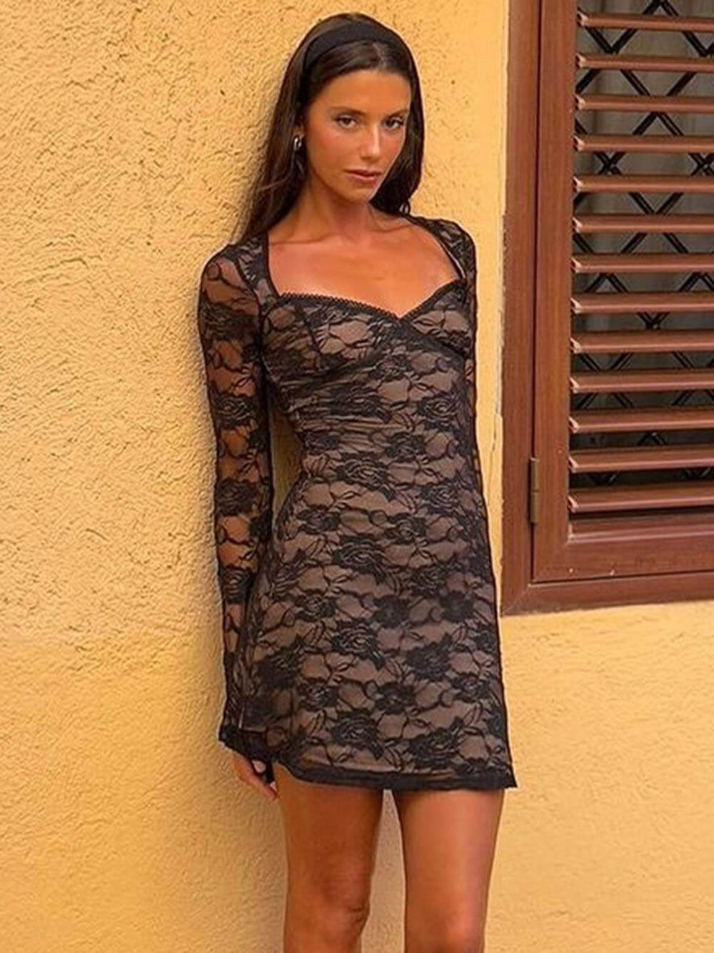 Lace Print U Neck Long Sleeve Mini Dress - View 6