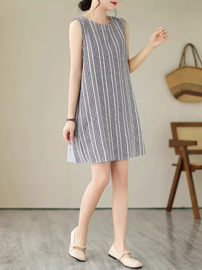 Gingham Check Vertical Stripe Round Neck Sleeveless Shift Mini Dress - View 2