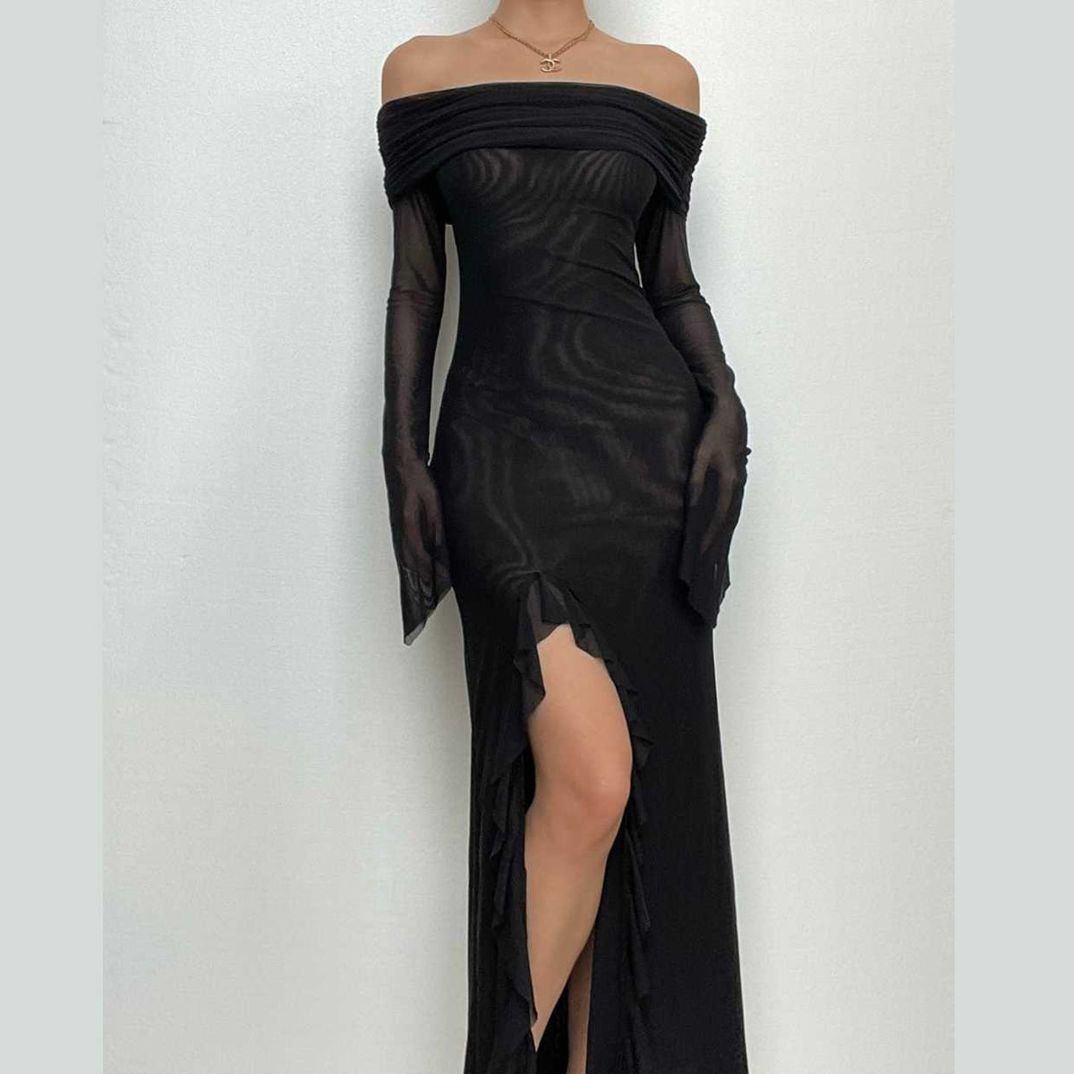 Off shoulder slit sheer mesh see through long sleeve maxi dress - View 2