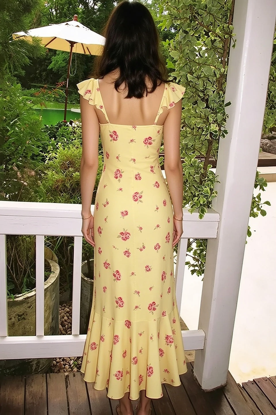 Rose Floral Ruffle Strap Tie Front Fishtail Hem Slip Midi Dress 4