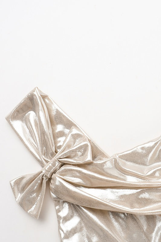 Metallic Asymmetrical Bow Shoulder Cowl Neck Mini Party Dress - View 5