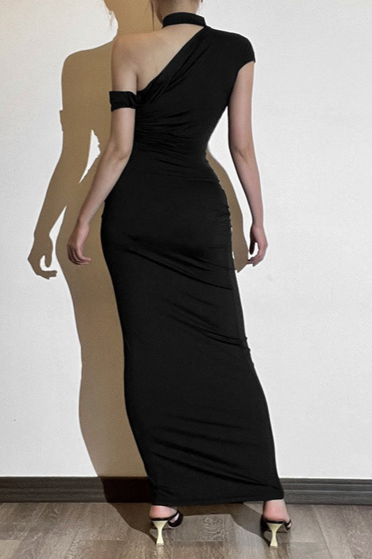 Velvet One Shoulder Choker Neck Bodycon Midi Party Dress - View 8