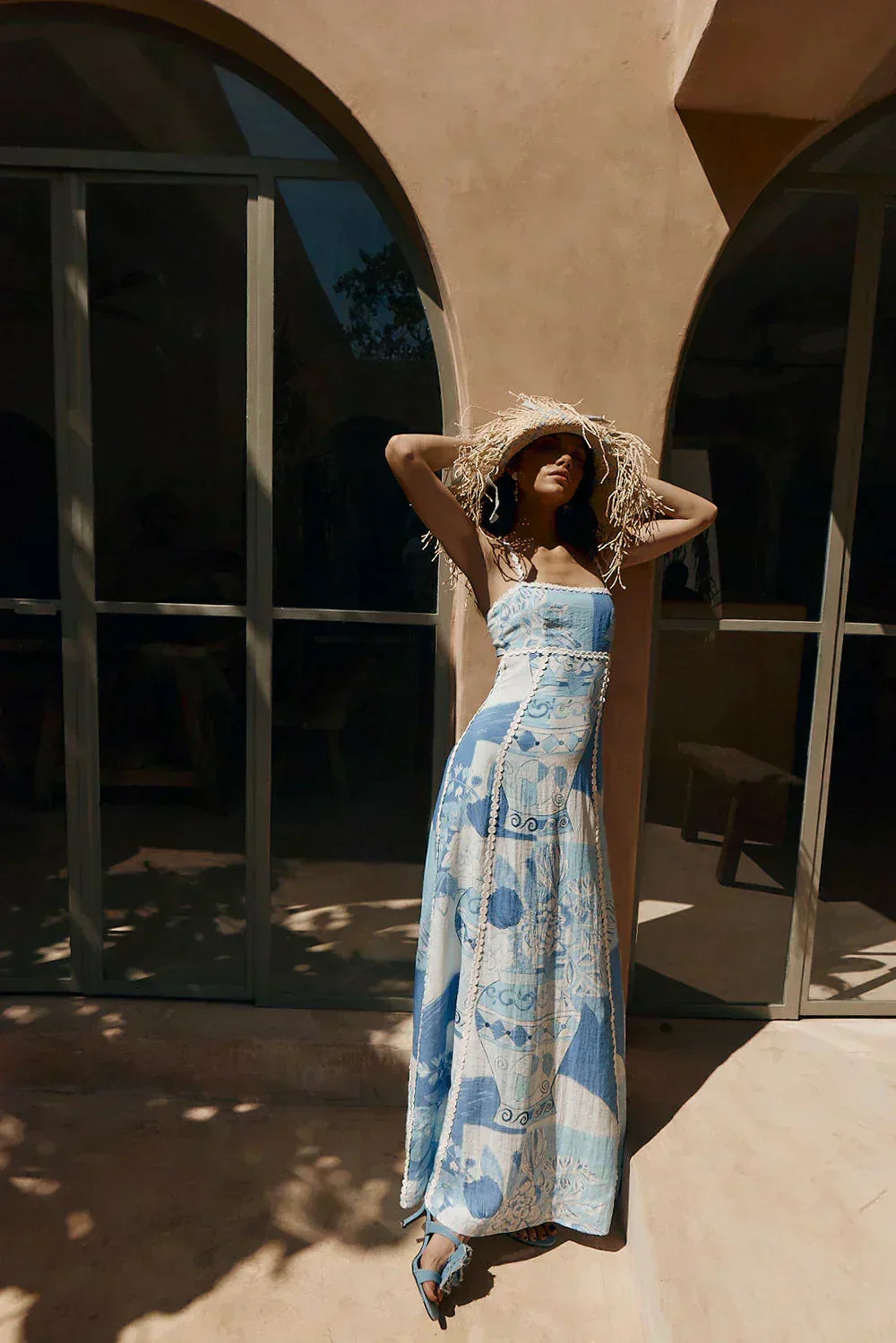 Square Neck Lace Trim Vase Print Spaghetti Strap Maxi Dress - View 4
