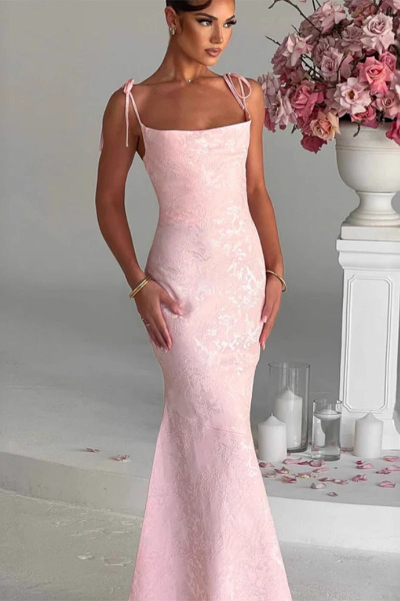 Square Neck Tie Strap Jacquard Mermaid Maxi Dress 7