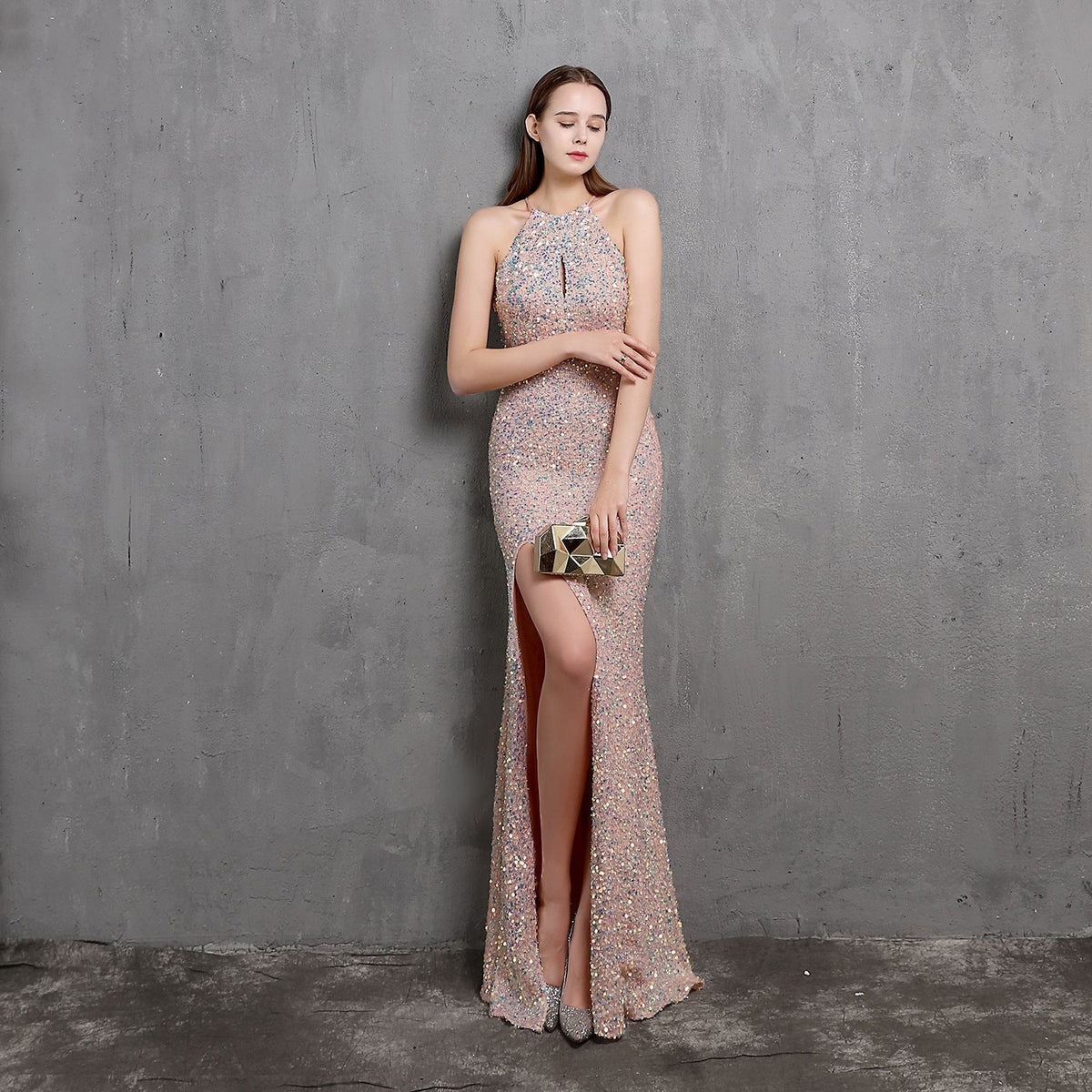 Sequin Halter Neck Keyhole High Split Mermaid Maxi Gown - View 3