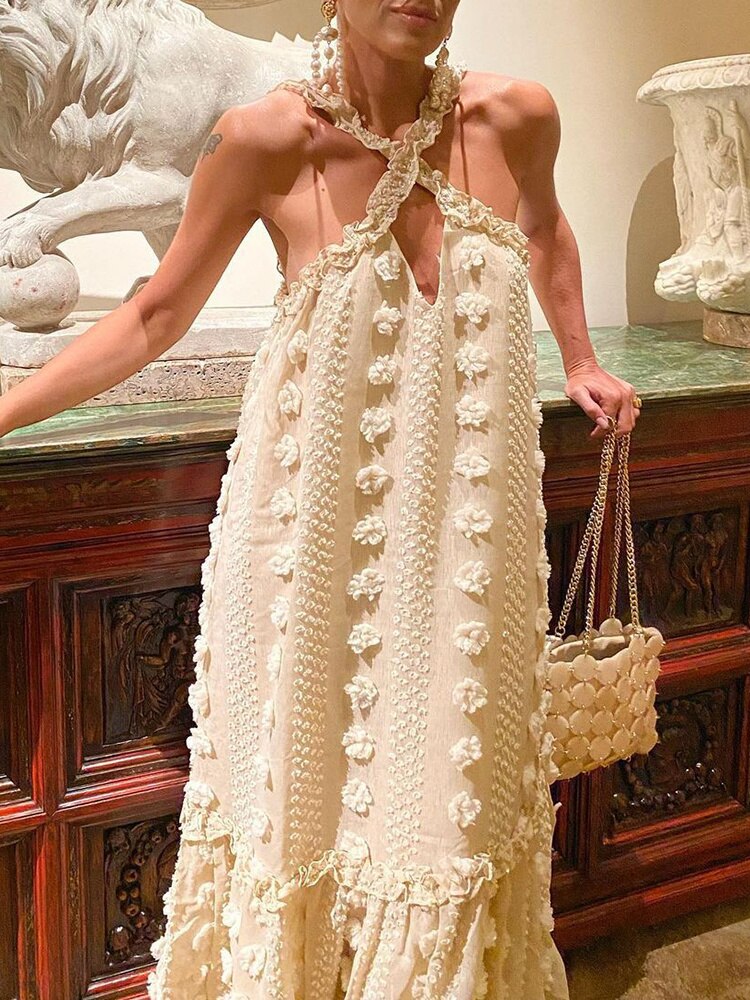 Halter Neck Floral Applique Mesh Tiered Ruffle Maxi Dress - View 2