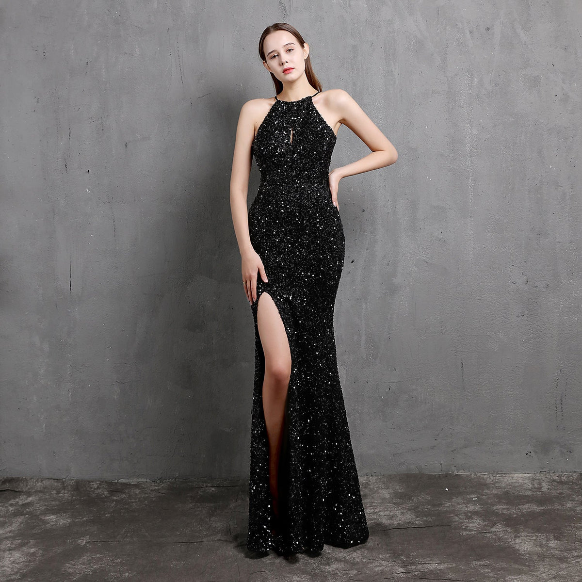 Sequin Halter Neck Keyhole High Split Mermaid Maxi Gown - View 9