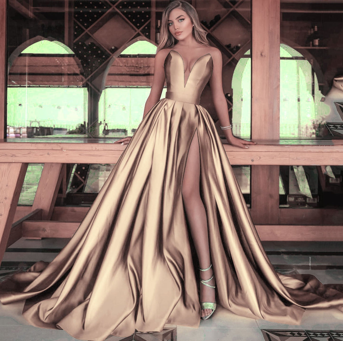 Strapless Plunging Deep V-Neck Pleated High Split Satin Maxi Gown - View 3