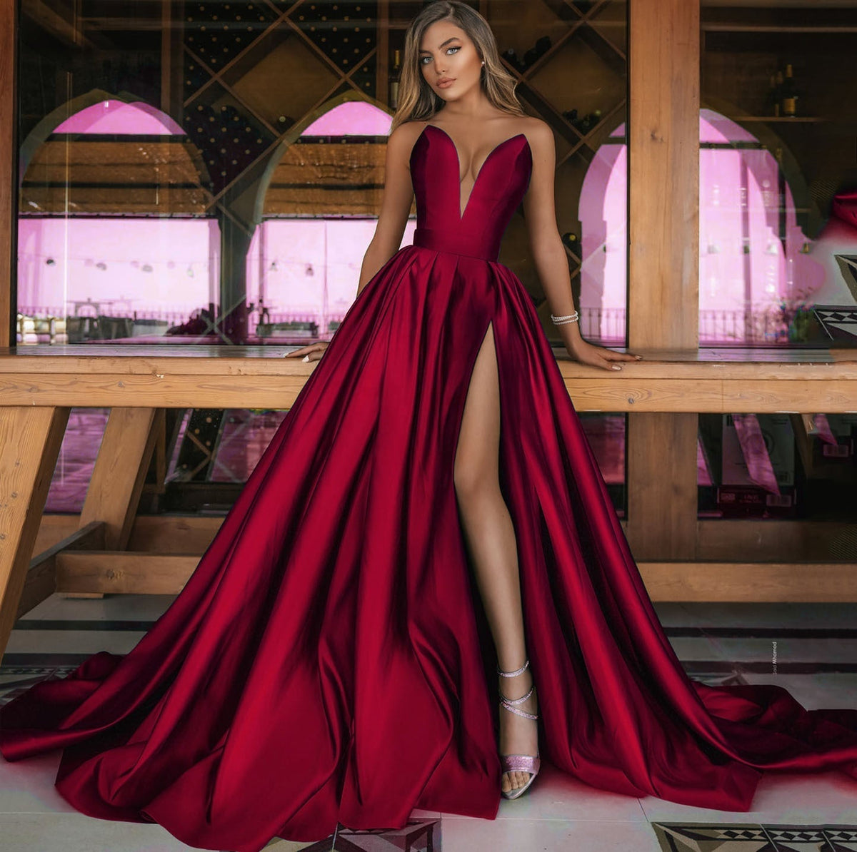 Strapless Plunging Deep V-Neck Pleated High Split Satin Maxi Gown