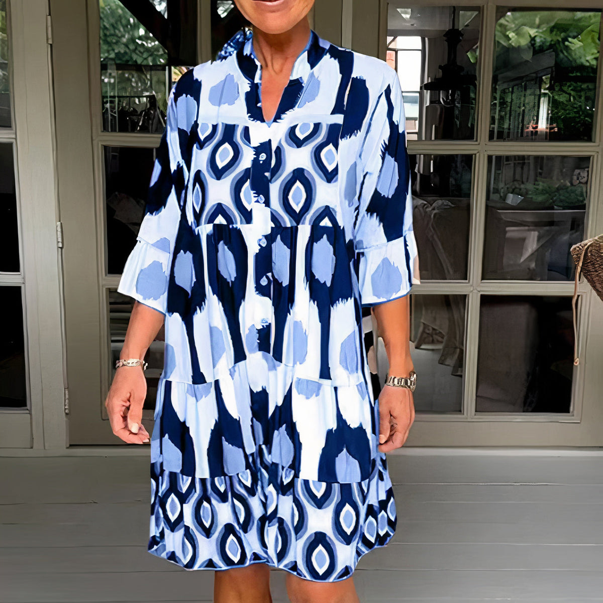Tiered Mandarin Collar Button Front Three Quarter Sleeve Dress - View 3