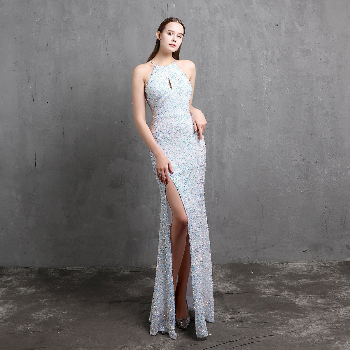 Sequin Halter Neck Keyhole High Split Mermaid Maxi Gown - View 6