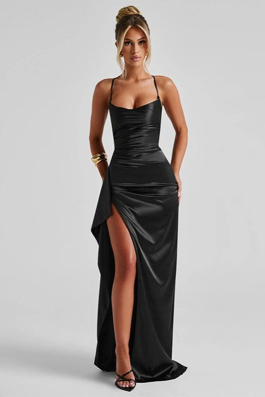 Satin Cowl Neck Spaghetti Strap Ruched High Split Maxi Dress - View 5