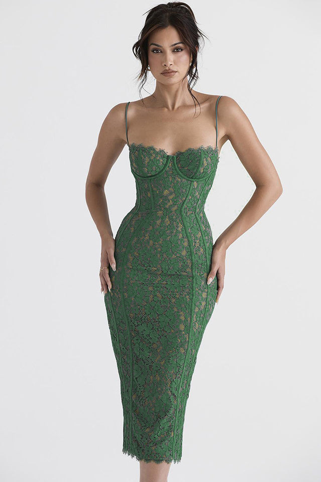Joelle Forest Lace Midi Dress in Green - View 2