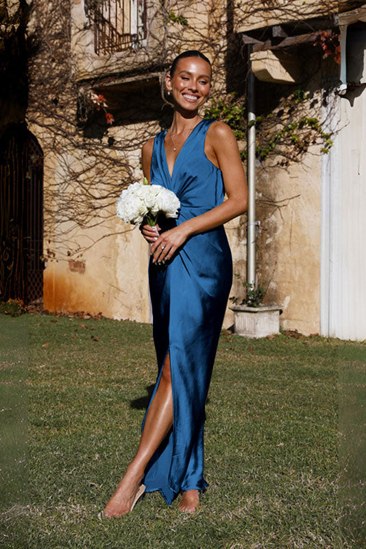 Satin Sleeveless Gathered Waist Column Slip Maxi Dress - View 8
