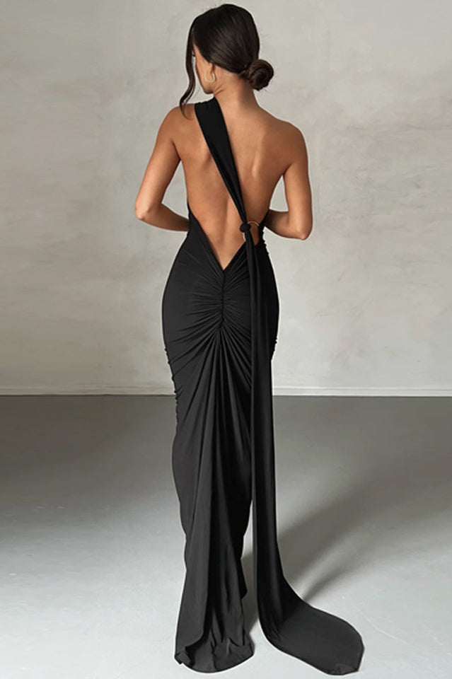 One Shoulder Ruched Open Back Trailing Sash Floor Length Gown - View 19