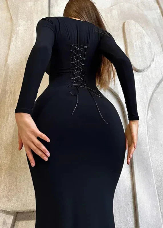 Black Slim-Fit Lace-Up Backless Long-Sleeve Dress - View 7