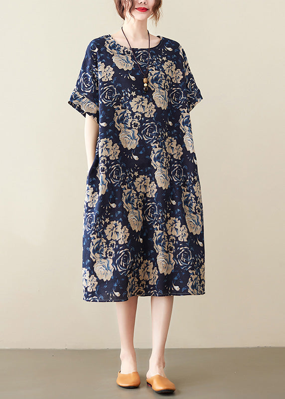 Floral Rose Print Drop Shoulder Short Sleeve Midi Shift Dress - View 3