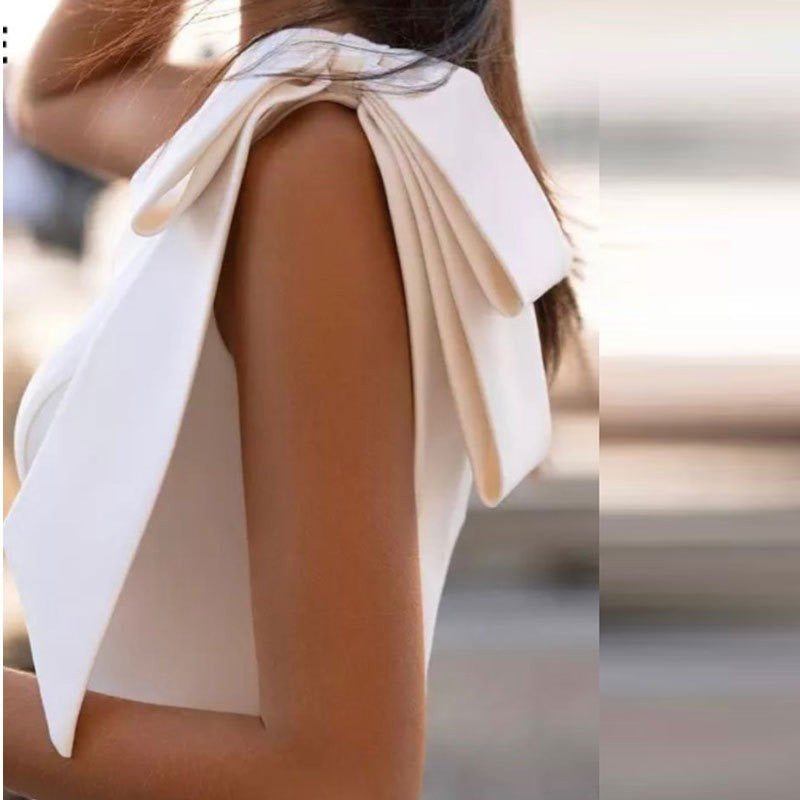 Crepe Bow Shoulder Fishtail Mermaid Wedding Gown - View 3