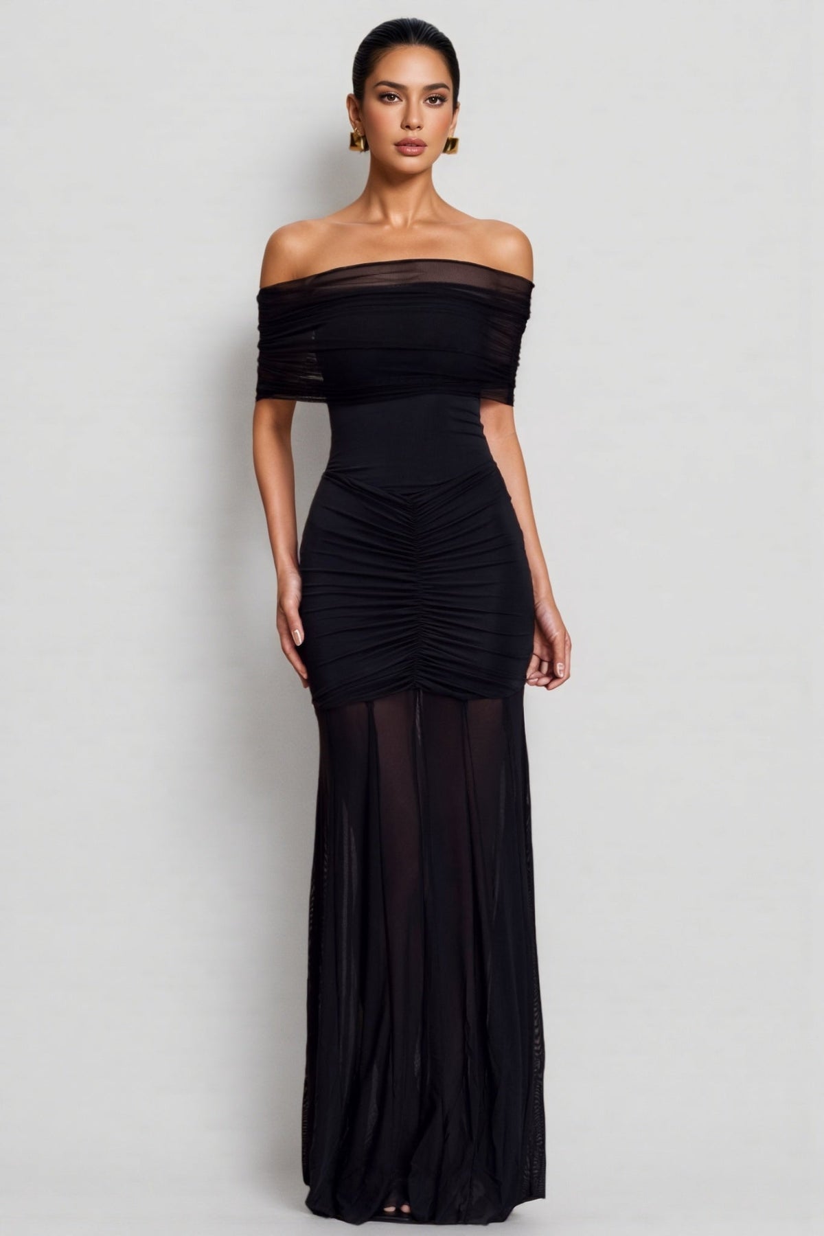 Nivenae Slinky And Mesh Off Shoulder Maxi Dress
