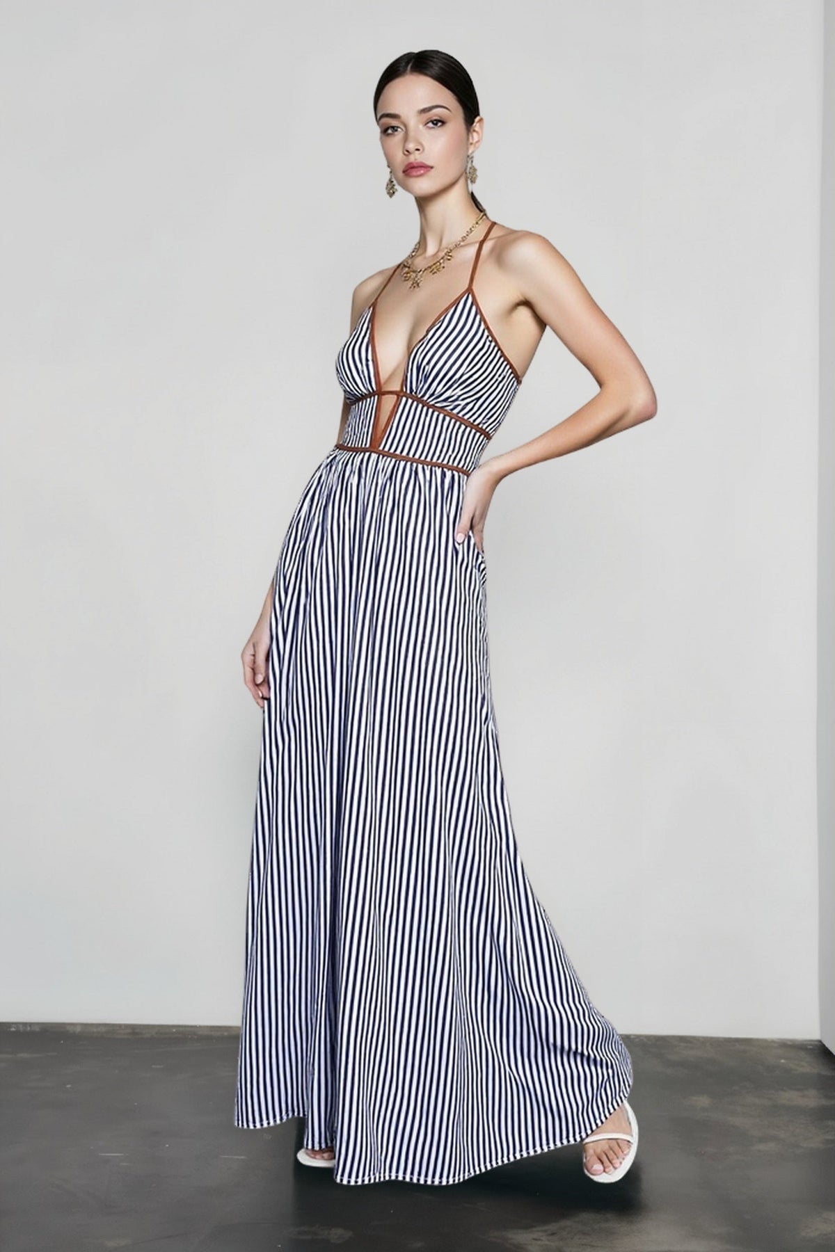 Striped Plunge Neck Halter Contrast Trim A-Line Maxi Dress 3