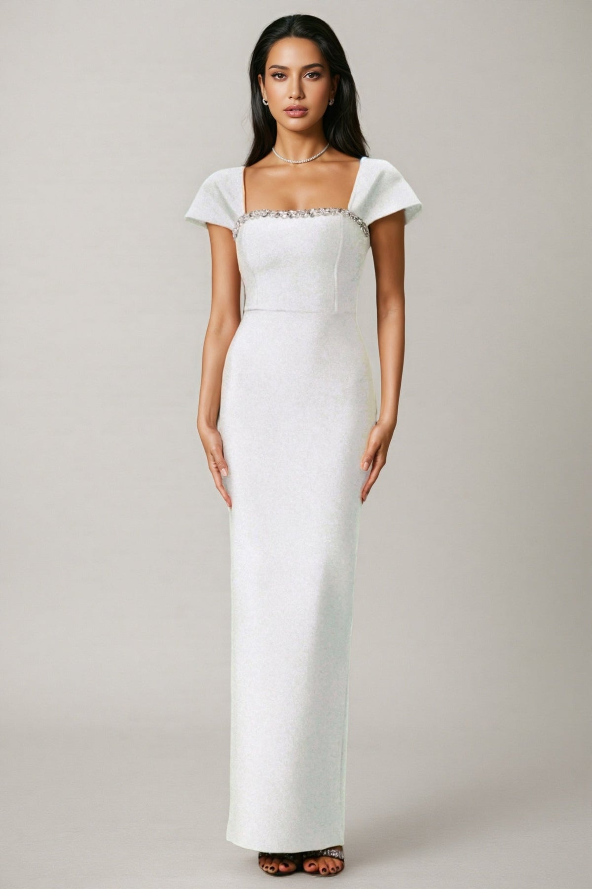 Rhinestone Trim Square Neck Cap Sleeve Shimmer Column Maxi Gown