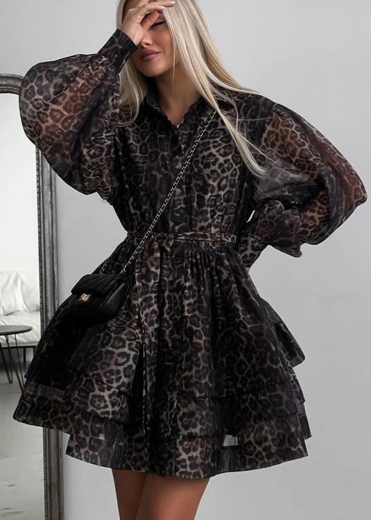 Animal Print Collar Long Sleeve Tiered Ruffle Chiffon Mini Dress - View 2