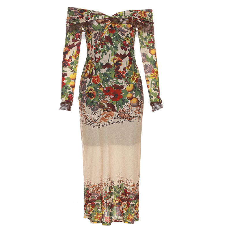 Floral Off Shoulder Long Sleeve Ruched Mesh Bodycon Midi Dress - View 2