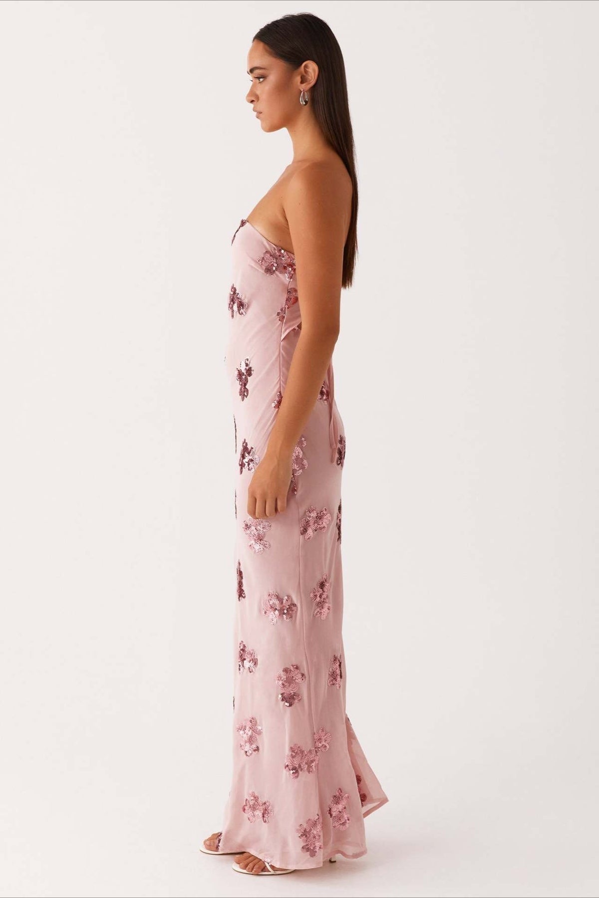 Floral Sequin Strapless Slip Maxi Gown - View 3
