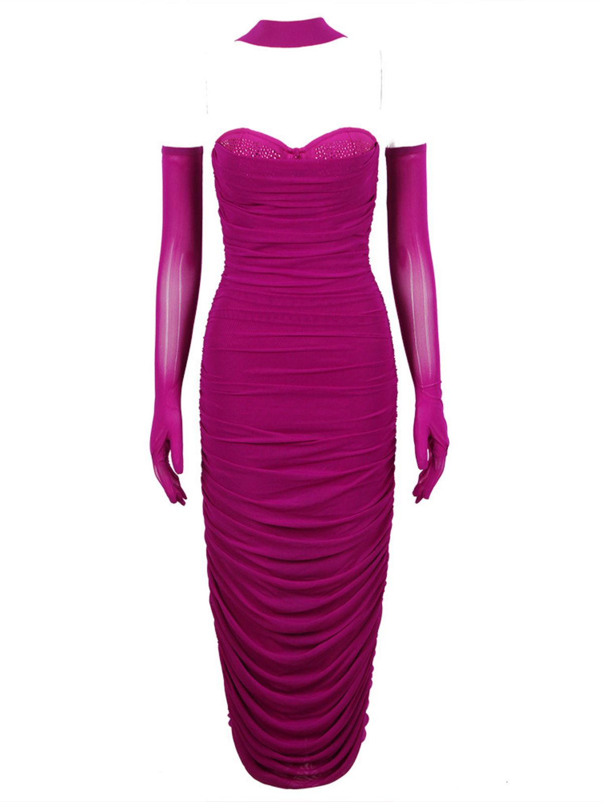 Strapless Sweetheart Ruched Mesh Bodycon Midi Dress with Gloves - View 6