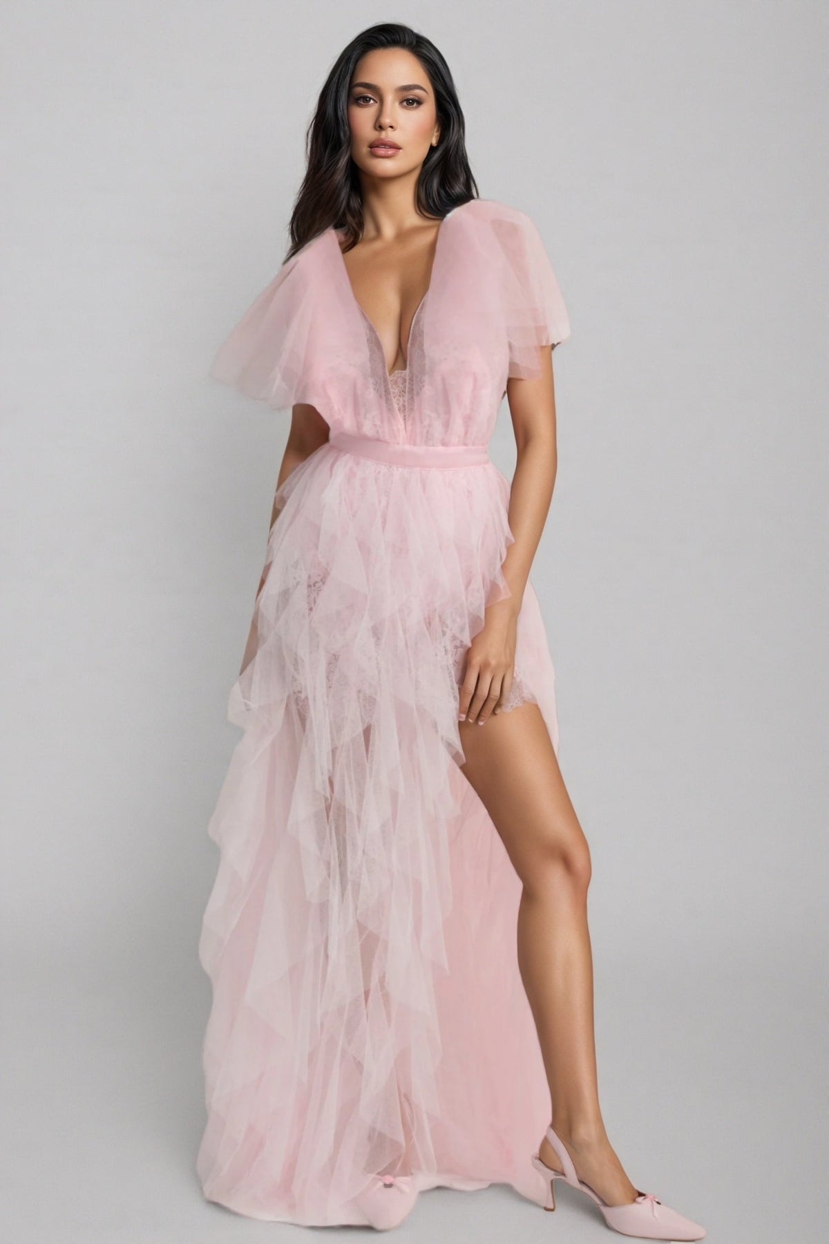 Chlos Pink Lace Mesh Maxi Dress