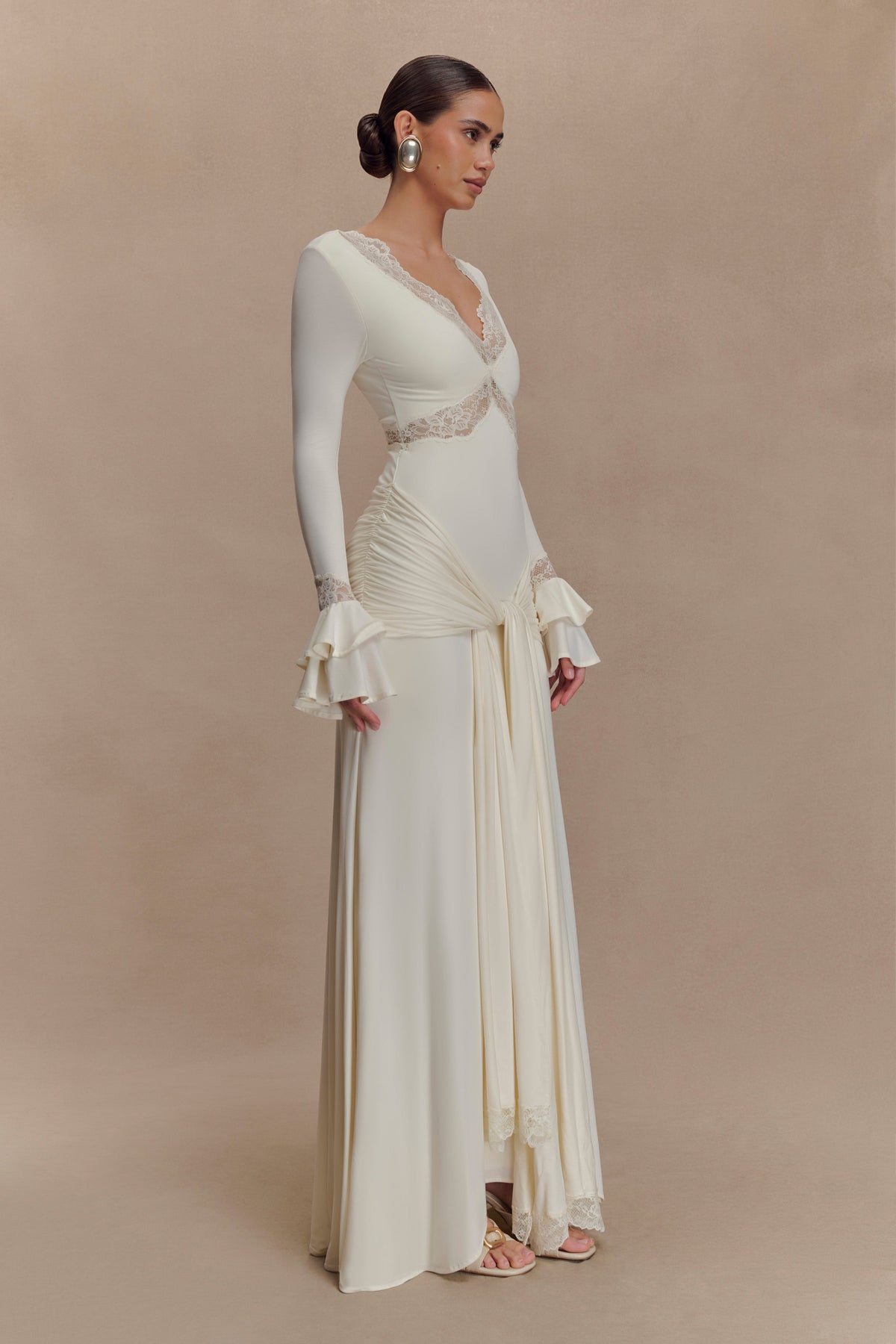 V-Neck Long Sleeve Lace Trim Ruched Maxi Dress 8