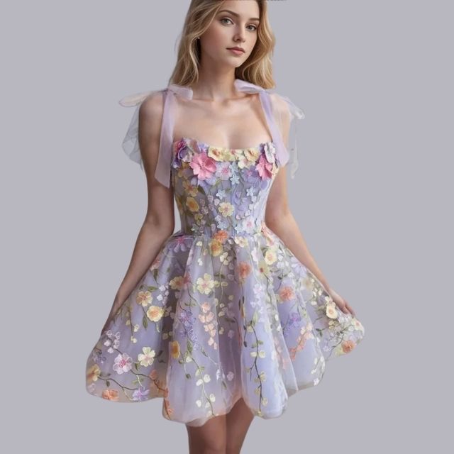 Floral Appliqué Corset Bodice Ribbon A-Line Mini Cocktail Dress - View 6