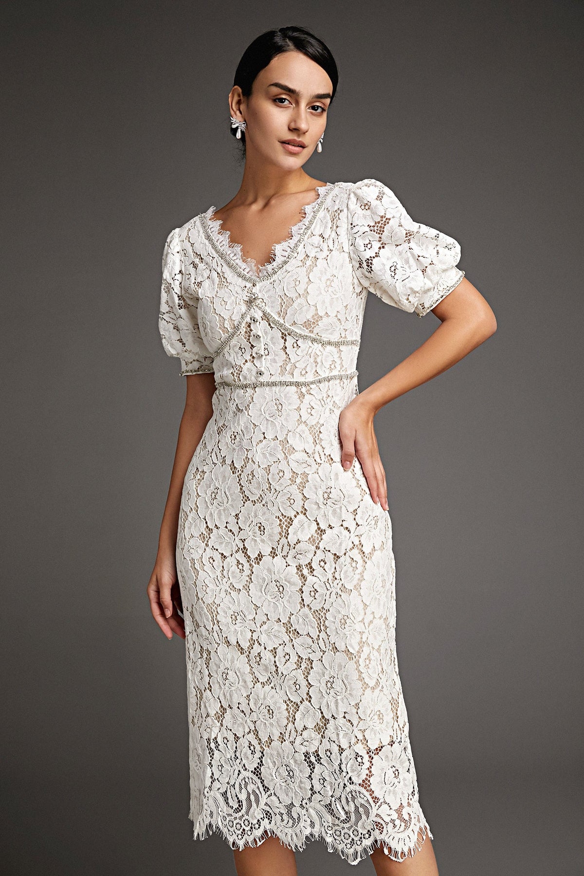 White Lace Overlay V-Neck Rhinestone Detail Midi Dress