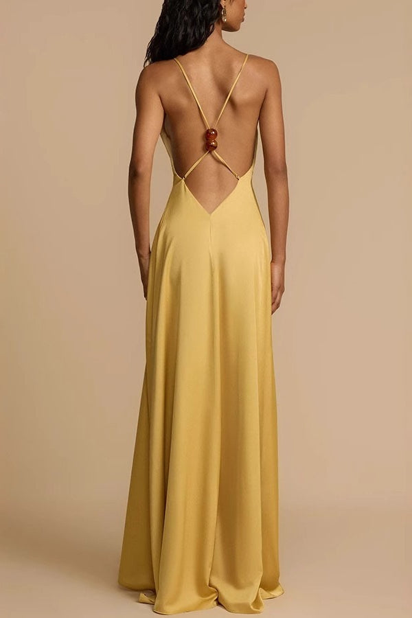Satin Deep V Backless Maxi  Silk Dress - View 3