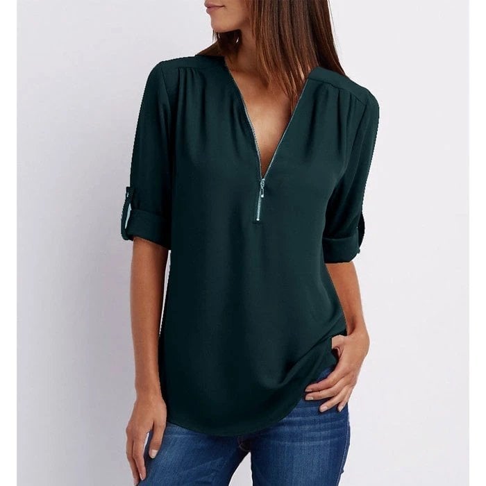 V-Neck Zip Front Roll Tab Sleeve Chiffon Blouse 6