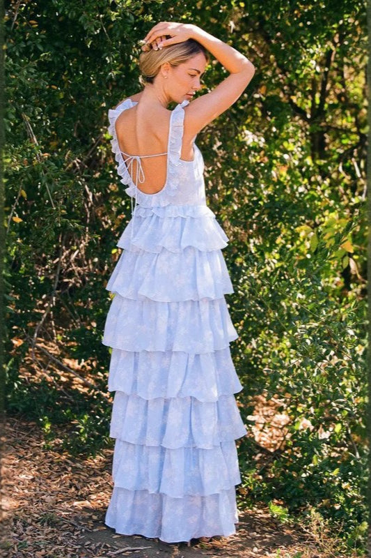 Floral Square Neck Ruffle Strap Tiered Maxi Prom Dress - View 2