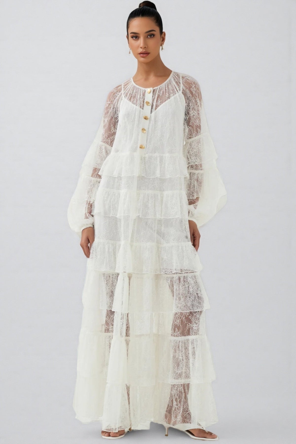 Wintk White Round Neck Lace Maxi Dress - View 2