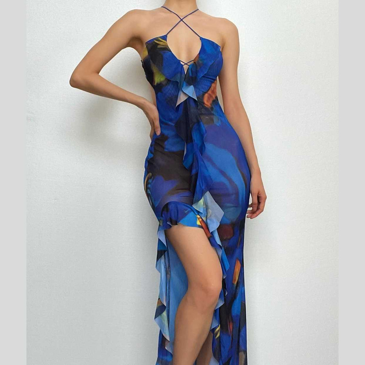 Cross front backless sheer mesh see through slit maxi dress